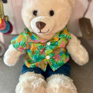 Build-A-Bear Cream Teddy in Green Floral Shirt and Blue Shorts